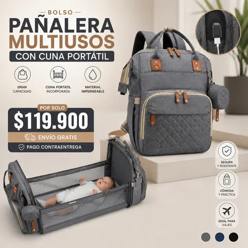 Bolso Pañalera Multiusos Con Cuna Portátil 💼👶